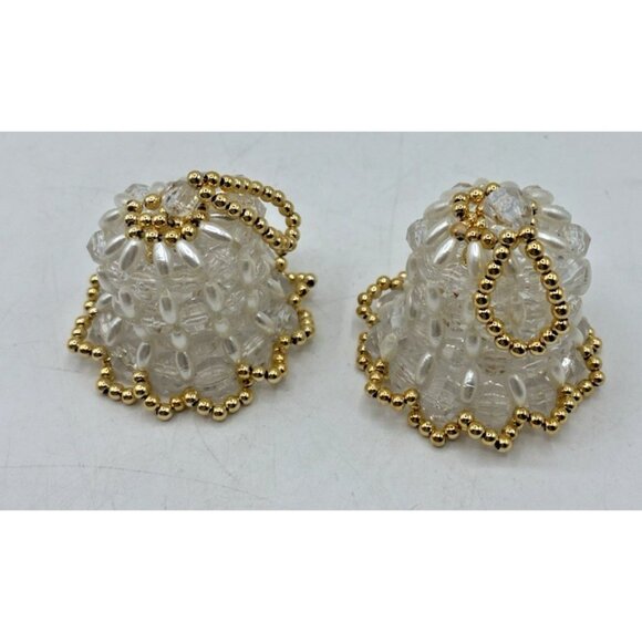 Vtg Handmade Beaded Bell Ornaments Set 2 White Gold Christmas Holiday Decor - Picture 5 of 10